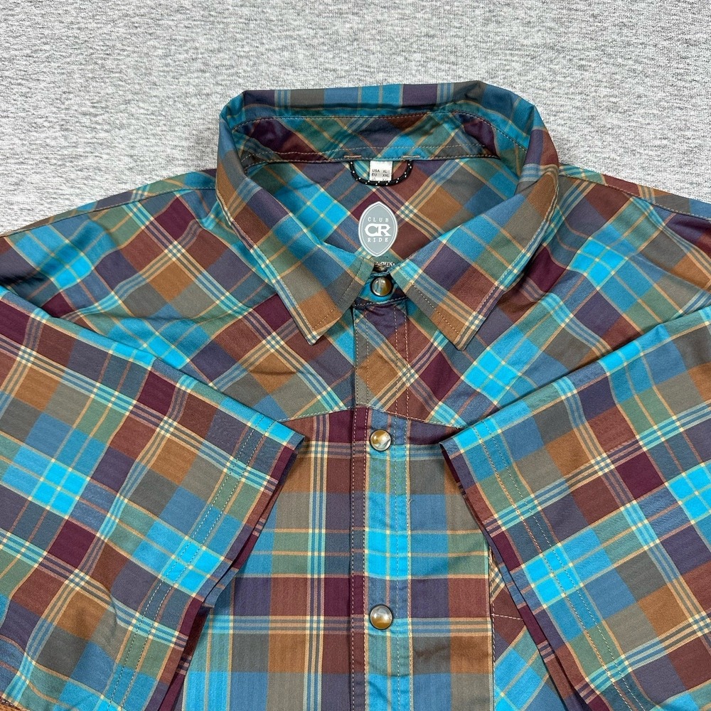 Club Ride Shirt Mens Size XL Blue Brown Plaid Short Sleeve Cycling Performance